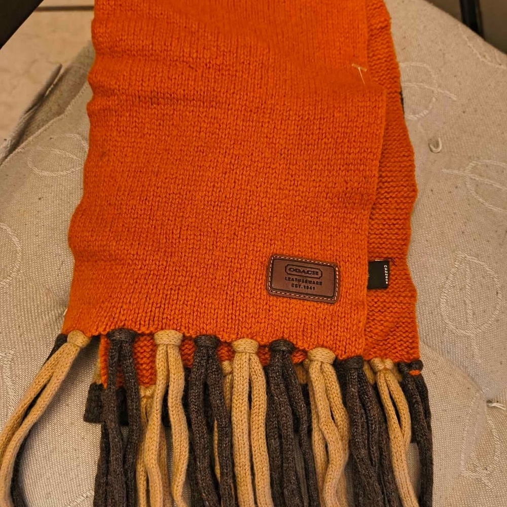 Coach Orange Knit Scarf with Fringe